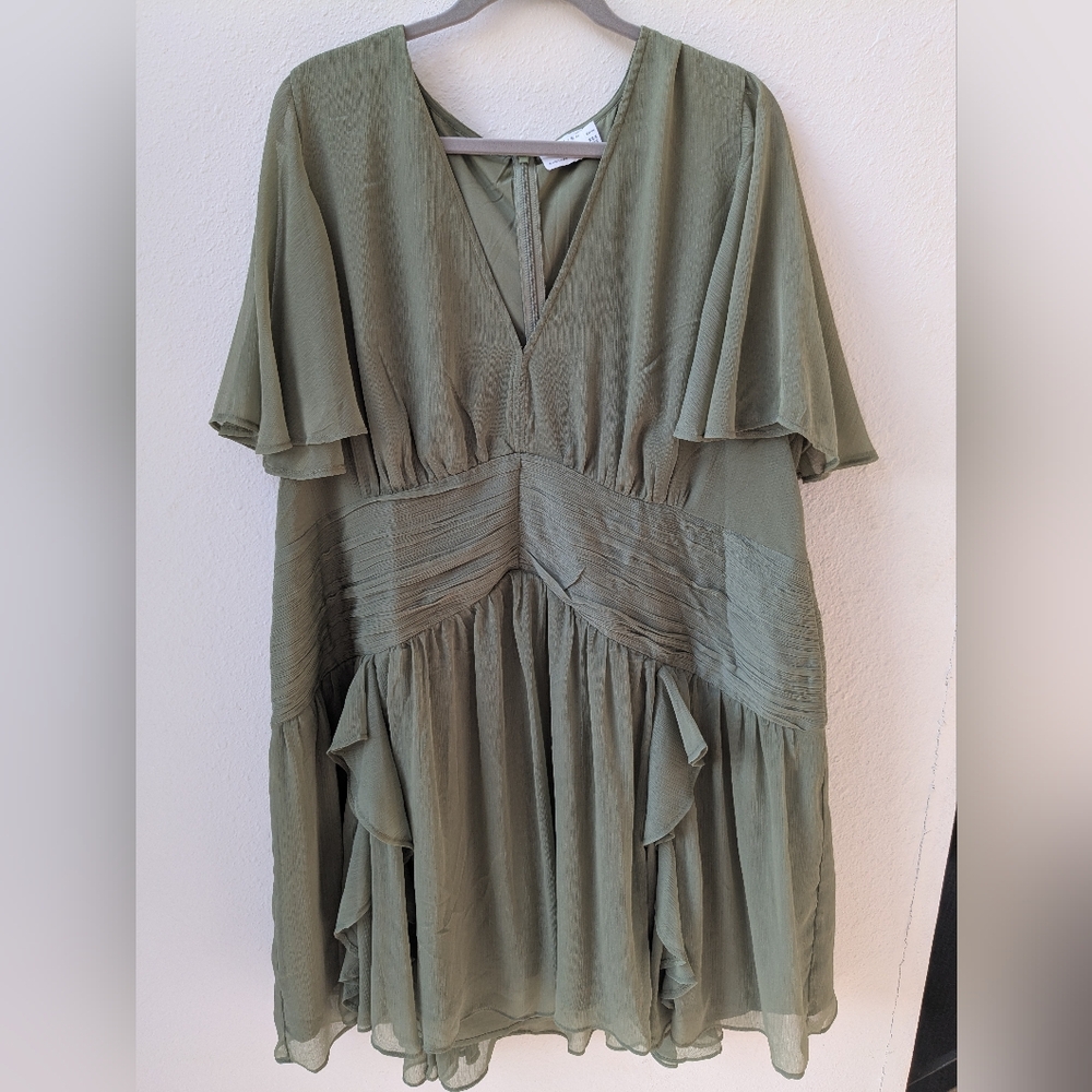 ASOS DESIGN Curve flutter sleeve ruffle detail mini dress in sage Size 20 U.S.